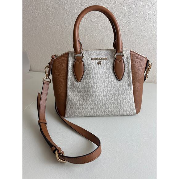 Michael Kors Sienna Medium Logo Messenger Convertible Bag Off-White and Brown - Picture 2 of 16